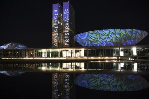 A imagem mostra o edifício do Congresso Nacional do Brasil, em Brasília, iluminado à noite. As duas torres e as cúpulas — uma côncava e outra convexa — estão refletidas na água à frente, criando um efeito simétrico impressionante. Nas torres, aparecem projetadas as palavras “CONSCIÊNCIA” e “PRESERVAÇÃO”, enquanto as cúpulas exibem padrões coloridos que lembram penas ou escamas em tons de azul, verde e roxo. A cena transmite uma mensagem de consciência ambiental e valorização cultural, destacada pela iluminação artística sobre a arquitetura icônica de Oscar Niemeyer.