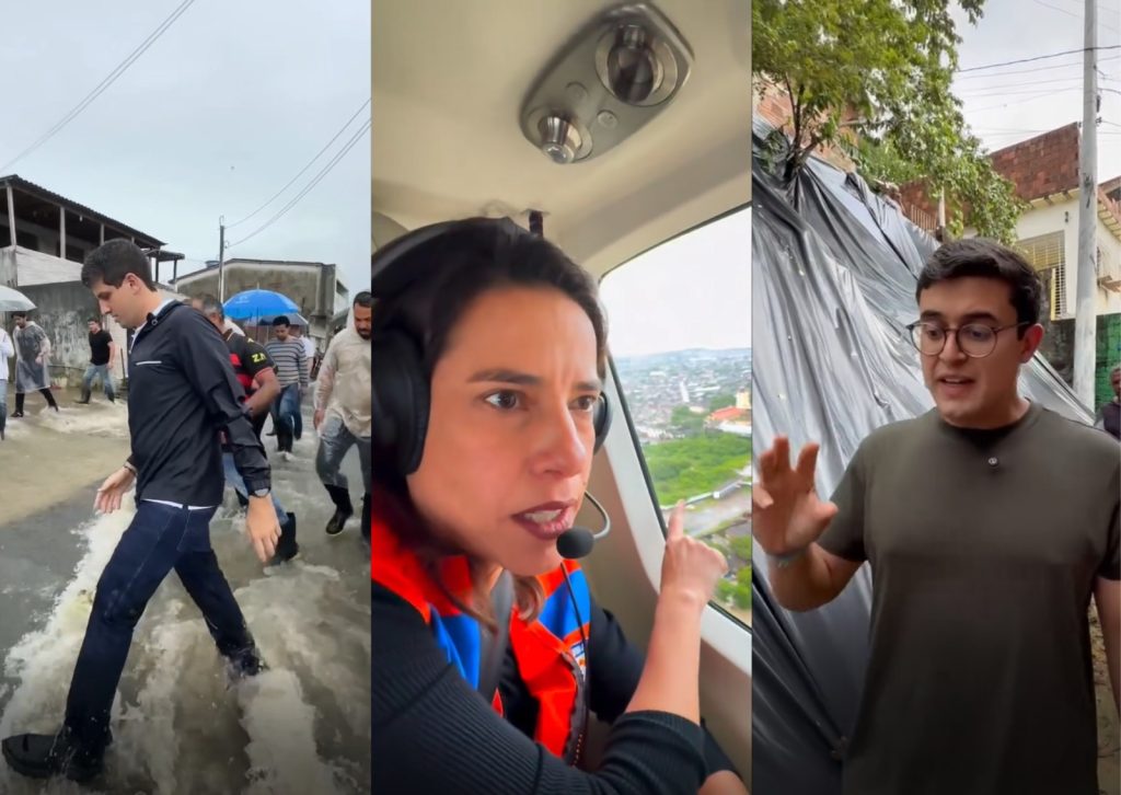Na montagem, João Campos aparece à esquerda caminhando por uma rua alagada, em meio à população que enfrenta os efeitos das fortes chuvas. No centro, dentro de um helicóptero, está Raquel Lyra usando colete de segurança e observando a cidade abaixo, em atividade de monitoramento aéreo da situação. À direita, Victor Marques surge sozinho diante de uma encosta coberta por lonas plásticas, medida preventiva contra deslizamentos, enquanto acompanha e avalia o cenário.
