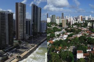 Montagem dividida ao meio: à esquerda, vista aérea de Boa Viagem com prédios altos e modernos à beira-mar; à direita, vista aérea de bairro arborizado da Zona Norte do Recife, com casas de telhado vermelho entre copas de árvores e edifícios ao fundo.