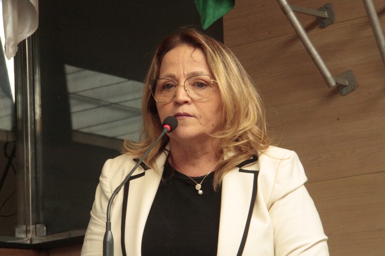 A imagem mostra Ana Lúcia, vereadora do Recife, uma mulher de meia-idade com cabelos loiros e lisos, usando óculos de armação dourada. Ela veste uma blusa preta e um blazer claro com detalhes escuros nas bordas, transmitindo uma aparência elegante e profissional. Ana Lúcia está falando ao microfone, em um ambiente formal, possivelmente uma sessão plenária ou reunião institucional, com bandeiras e estruturas metálicas visíveis ao fundo. Sua expressão é séria e concentrada, sugerindo que está abordando um tema importante com firmeza e serenidade.