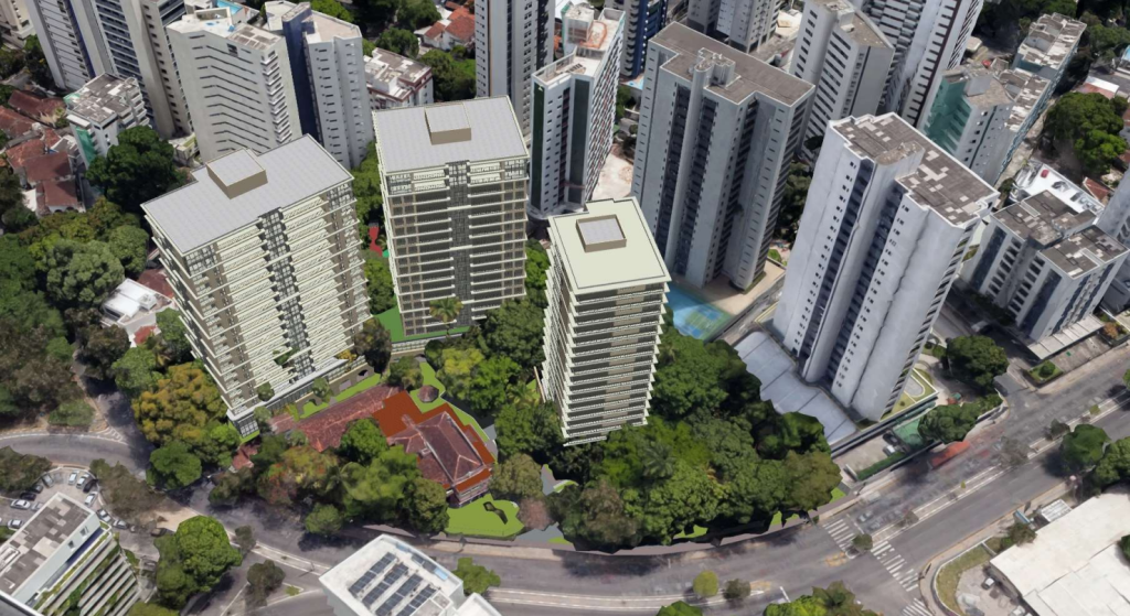 Projeção das três torres de 19 andares da OR Empreendimentos no jardim da Mansão Harley Lundgren