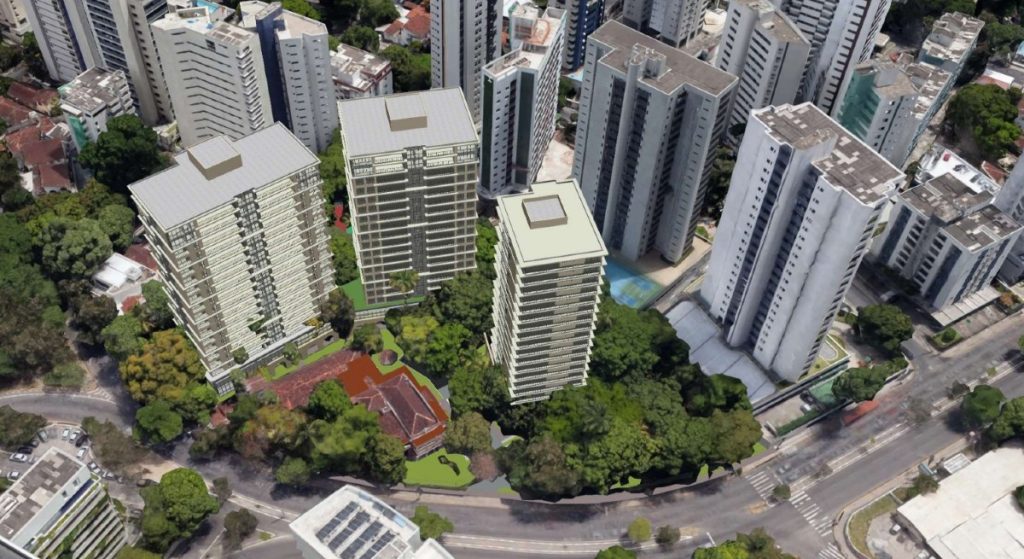 Projeção das três torres de 19 andares da OR Empreendimentos no jardim da Mansão Harley Lundgren