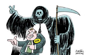 A charge mostra um político sorridente pedindo votos, enquanto uma figura da morte, empunhando uma foice, aparece atrás dele, sugerindo uma relação entre política e crime ou violência.