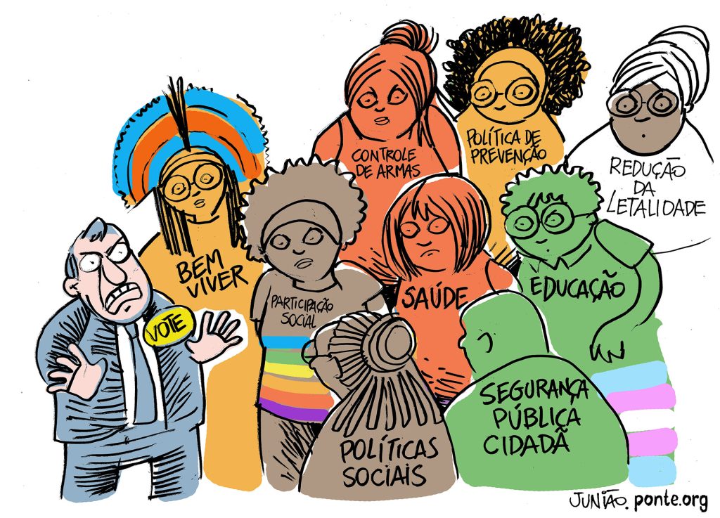 A ilustração mostra um grupo diverso de pessoas representando diferentes causas sociais e políticas, como “bem viver”, “participação social”, “saúde”, “educação”, “segurança pública cidadã” e “redução da letalidade”. Cada personagem é colorido de forma distinta e simboliza uma área de atuação ou valor coletivo. À esquerda, um homem de terno segura um botão amarelo com a palavra “vote”, sugerindo o contexto eleitoral e a importância de escolher políticas voltadas ao bem-estar social. A arte, assinada por Junião, transmite uma mensagem de engajamento e cidadania.