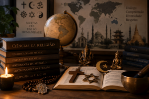 A imagem retrata um ambiente dedicado ao estudo das religiões e ao diálogo inter-religioso, reunindo livros de Ciências da Religião, símbolos de diferentes tradições religiosas, um globo terrestre e um mapa-múndi ao fundo, além de elementos como cruz cristã, estrela de Davi, lua crescente islâmica, rosário e estatuetas associadas ao hinduísmo e ao budismo. Os dizeres “Muitas fés, uma só humanidade”, juntamente com termos como “Diálogo”, “Compreensão”, “Diversidade” e “Respeito”, reforçam a mensagem de pluralismo religioso, convivência pacífica e valorização da diversidade cultural e espiritual.